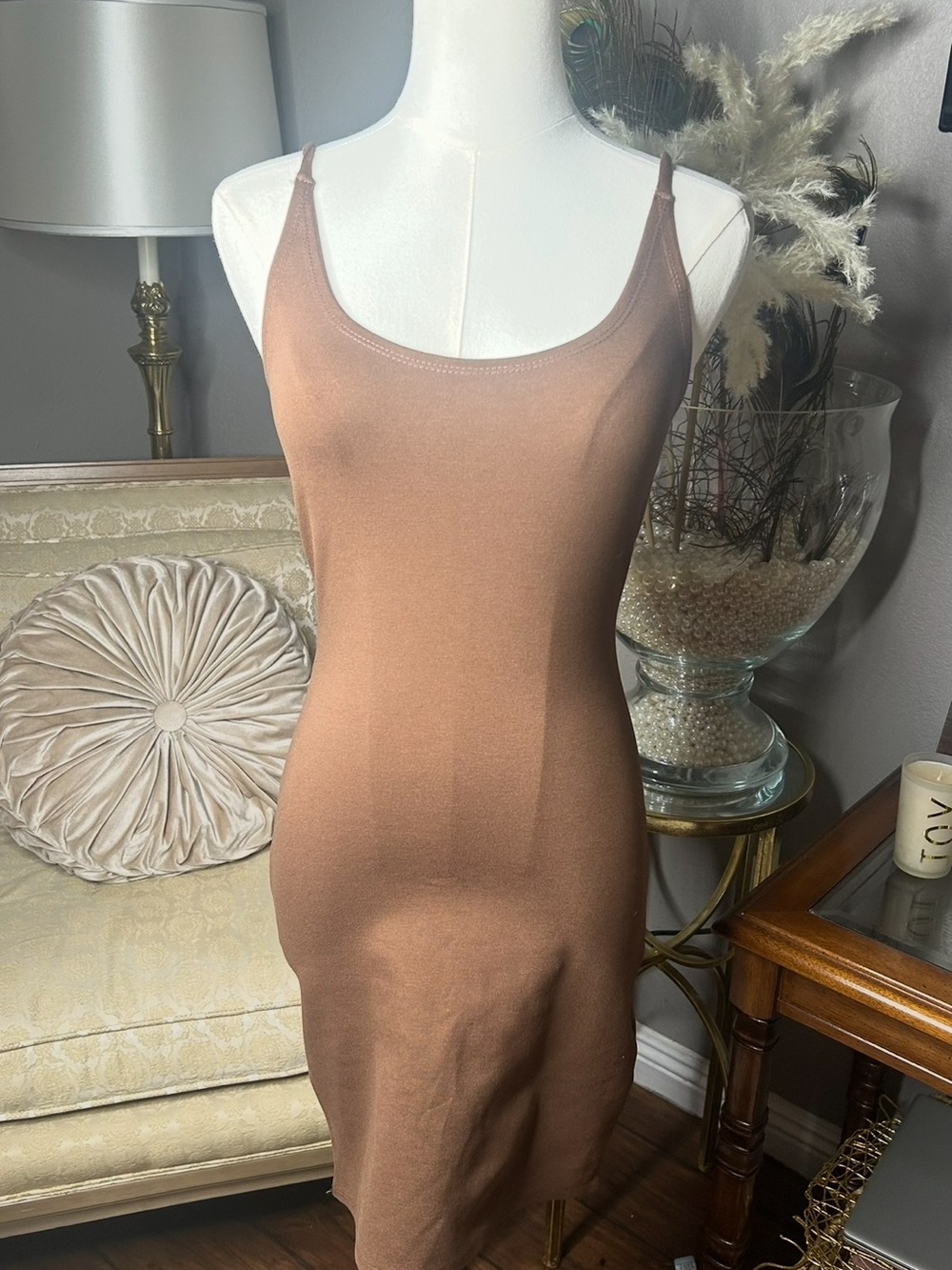 Mono B Sleeveless Scoop Neck Bodycon Tank Dress in Mocha